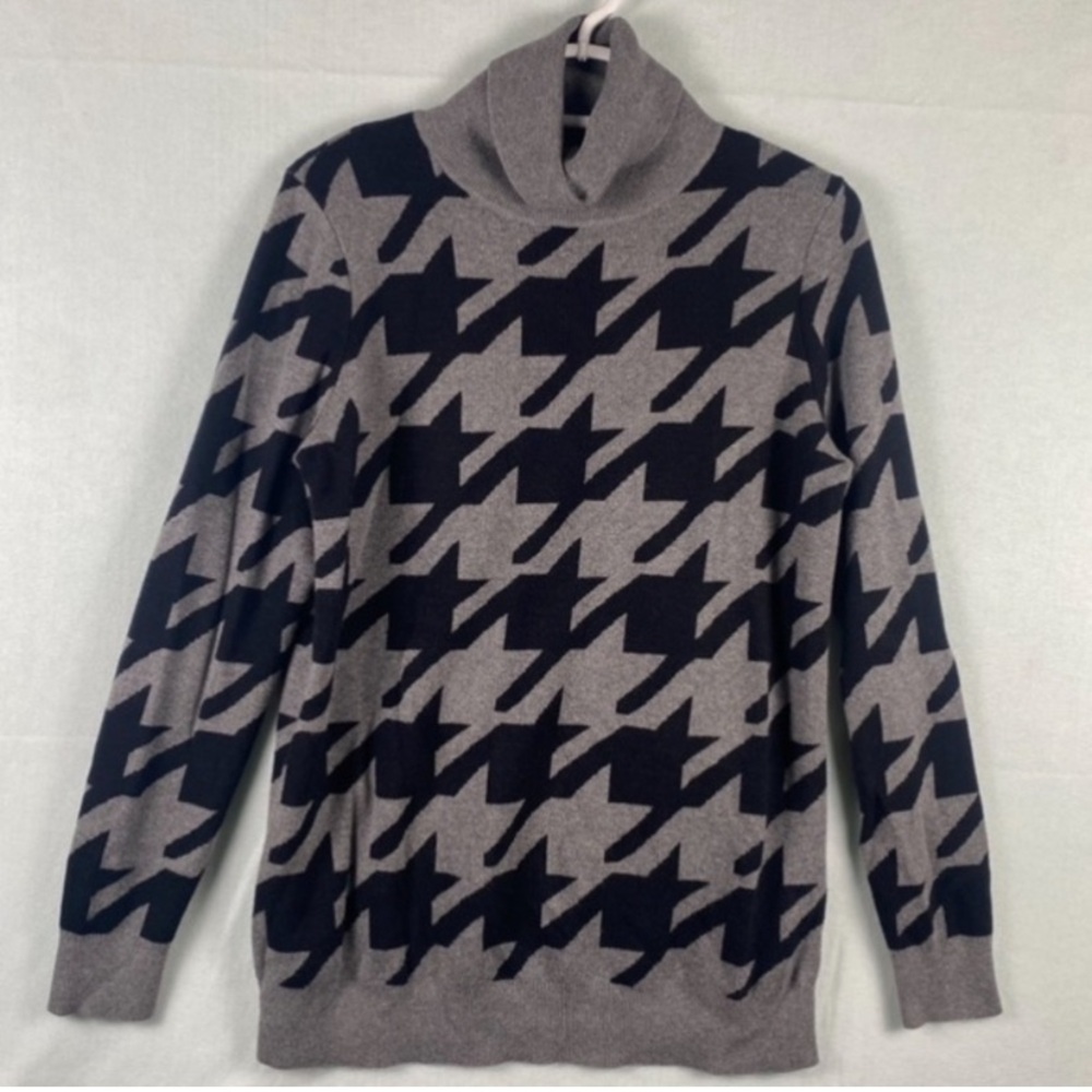 Ann Taylor | Women’s Medium Houndstooth Design Turtleneck Sweater | Grey, Black